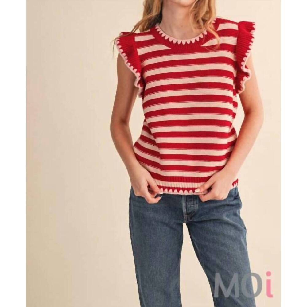 NEW &MERCI striped flutter sleeve sweater top in red/peach